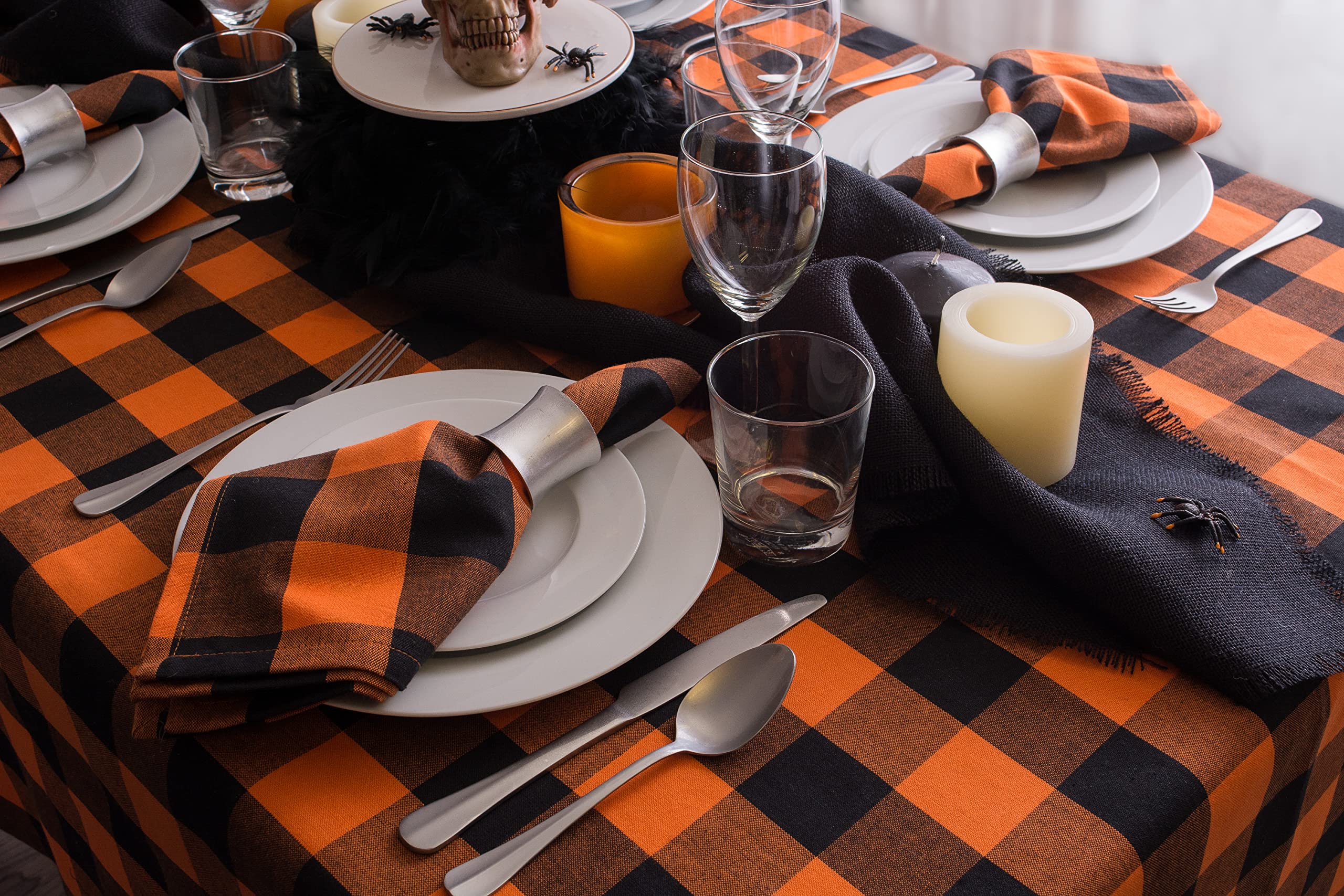 Dii Buffalo Check Collection, Classic Farmhouse Tablecloth, Tablecloth, 70 Round, Orange & Black